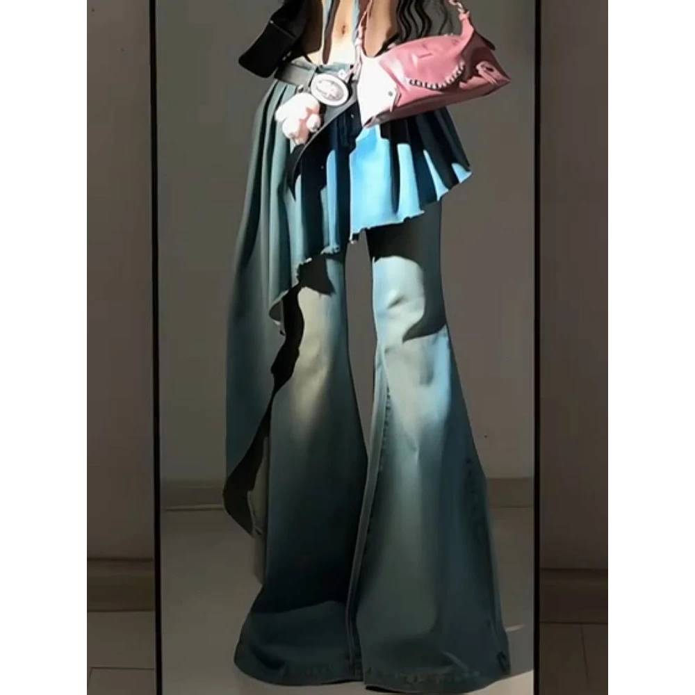 美式辣妹复古大码水洗微喇牛仔裤女不规则设计裙摆假两件裙裤子潮
