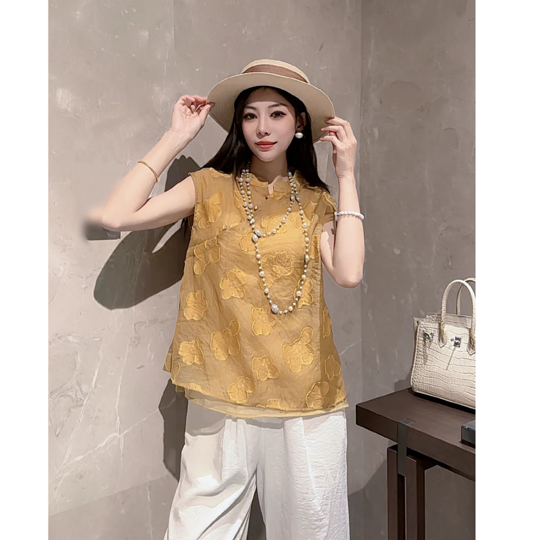 【云织逸韵】夏季新款新中式国风盘扣气质百搭刺绣压花无袖上衣2219