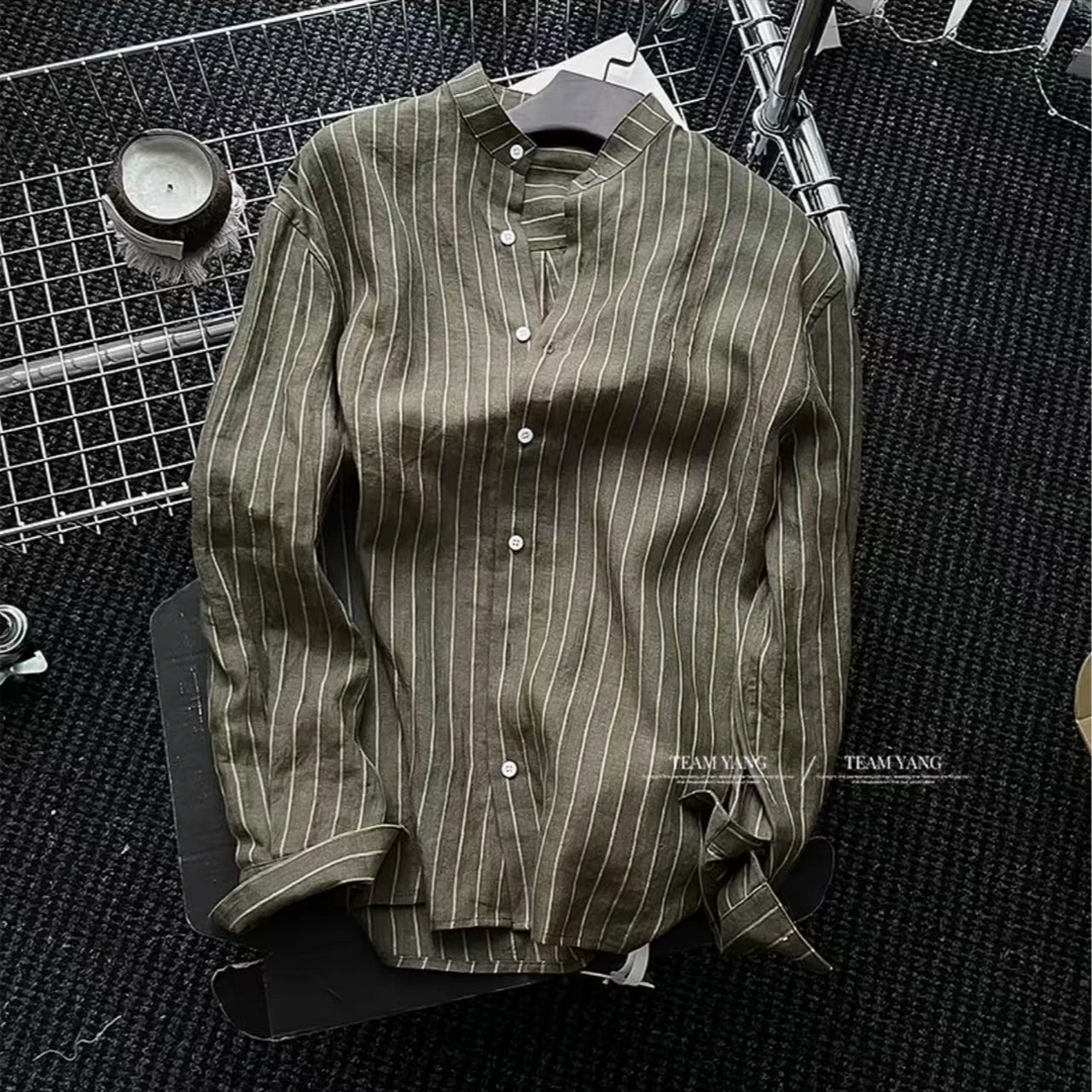 Team Yang-度假系列立领高级感军绿色条纹长袖衬衫松弛老钱风5068