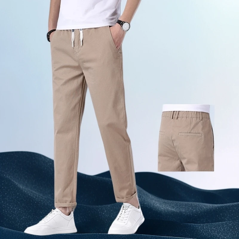 巴赛娜缇纯棉潮牌休闲裤男直筒修身夏季薄款卡其色松紧腰抽绳裤子