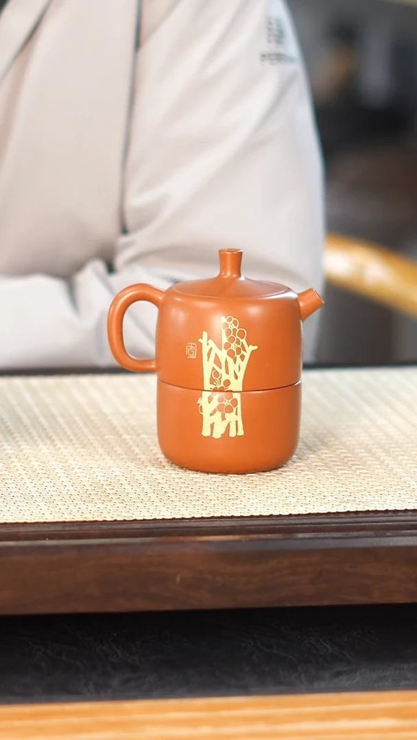 云水山涧建水紫陶复烧刻填013 一壶一杯 拾喜套装 微瑕