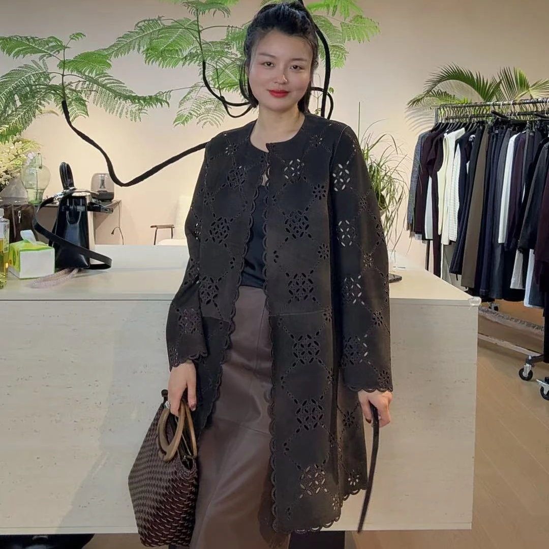 TANTAN 百搭显瘦长款镂空皮衣2453