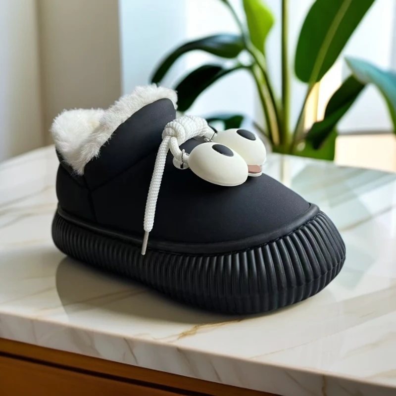 大眼睛棉拖鞋女冬季外穿防水防滑厚底保暖毛绒居家室内包跟棉鞋