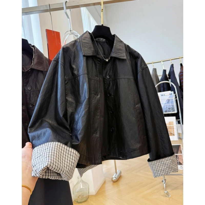 2025超火韩系休闲翻领小皮衣女秋季独特超好看pu皮夹克短款外套