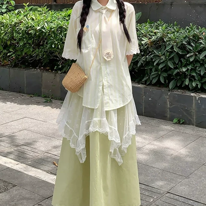 1562夏季新款胖mm宽松遮肉显瘦条纹衬衣+屁帘蕾丝半身裙套装