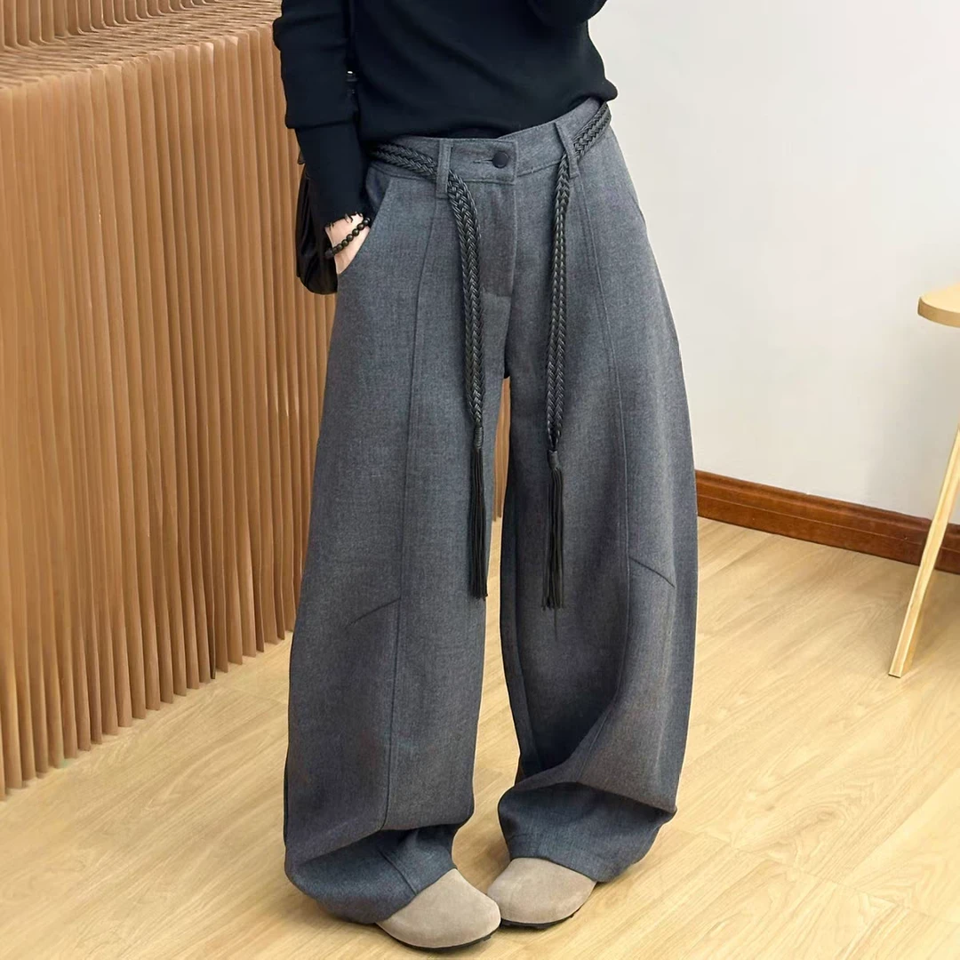 2579#编织腰带秋季新款毛呢宽松显瘦百搭休闲裤女洋气时尚弯刀裤