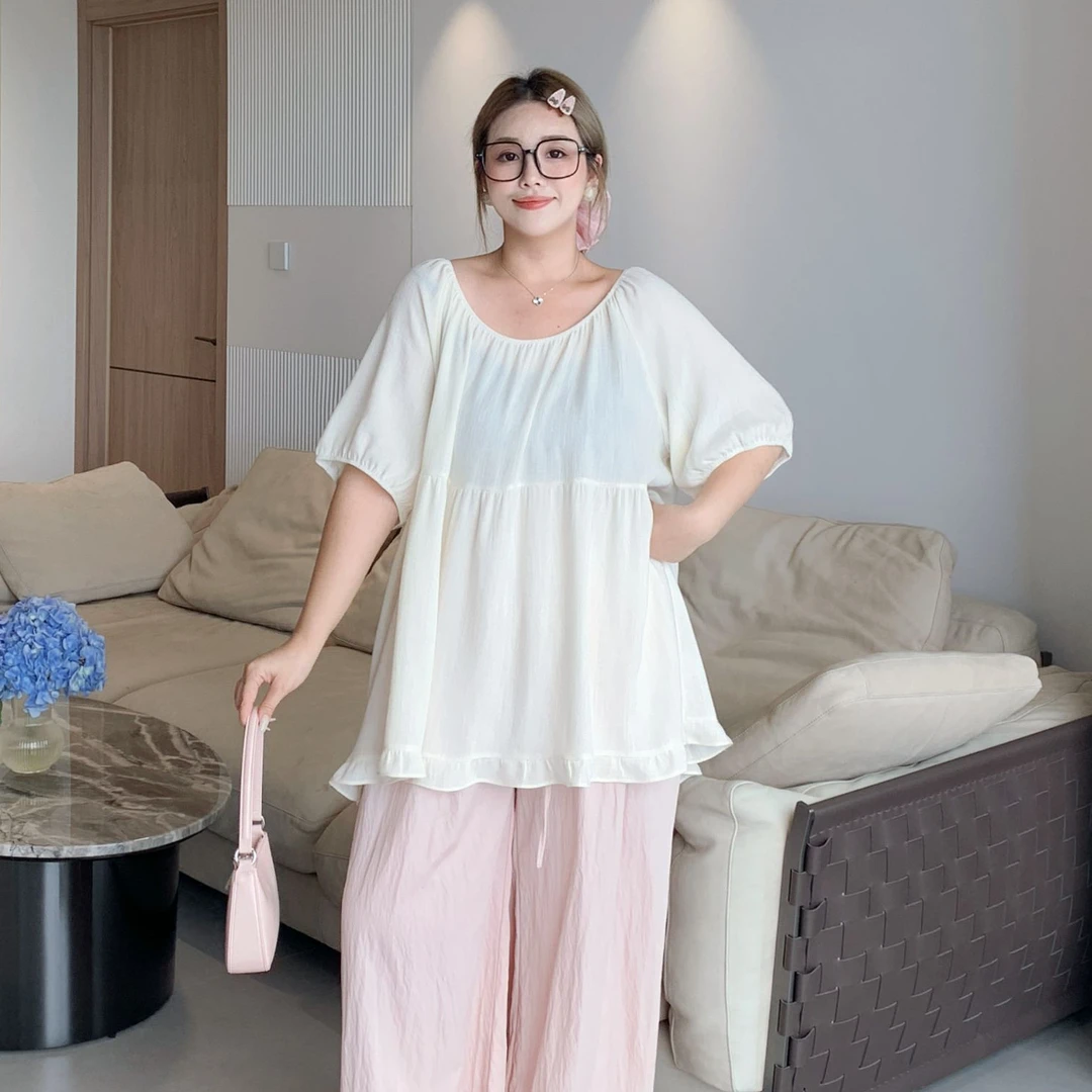 媛子大码法式减龄上衣夏季透气泡泡袖甜美简约休闲慵懒风气质短袖