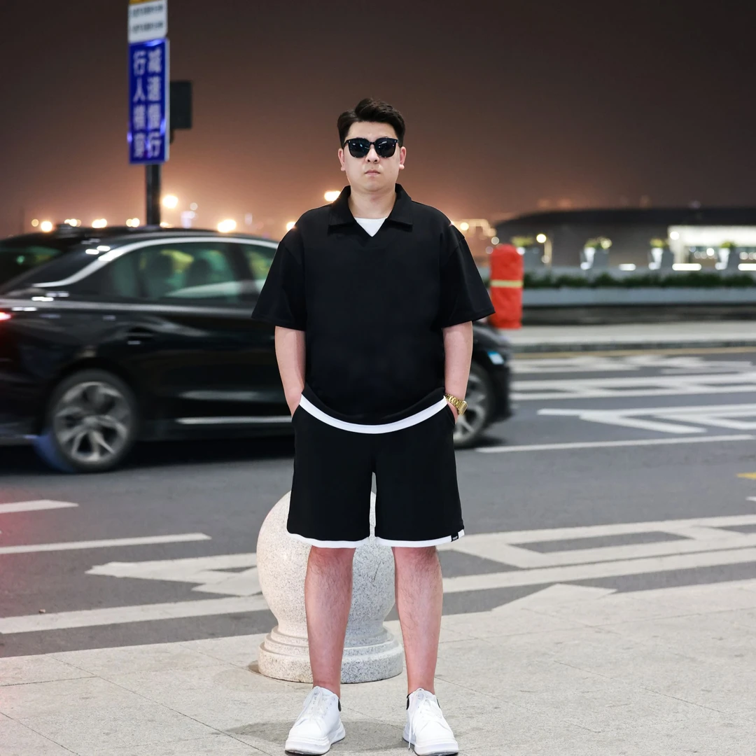 2025夏季新款280克重磅假两件POLO衫男大码宽松显瘦直筒短裤036