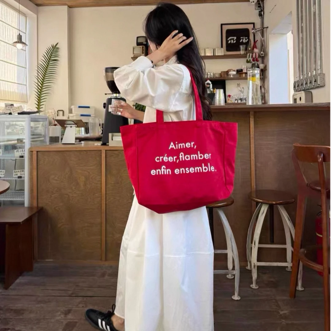 Arcanus Fang原创设计加缪文学法语小众大容量单肩包红色帆布包