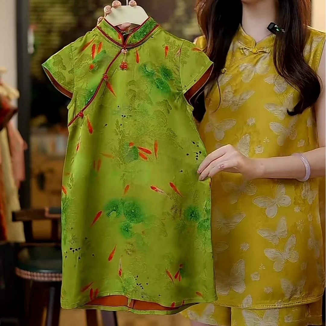 【琨萱】“碧塘鱼趣” 25女童100%木薯丝夏季新款锦鲤旗袍裙 SS66Q150