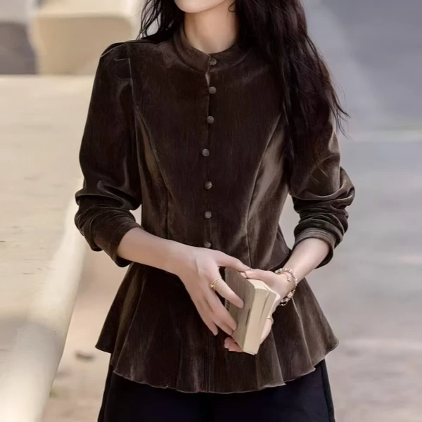 丝绒长袖T恤女早秋花苞设计打底小衫修身显瘦针织百搭上衣女