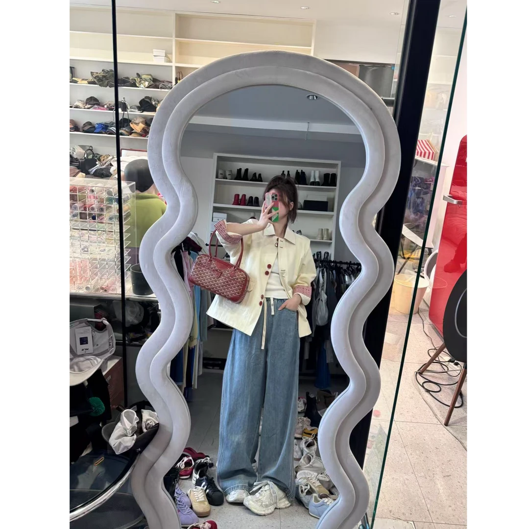 晶咕【丹宁边缘】复古水洗磨白侧三条杠全松紧高腰阔腿牛仔