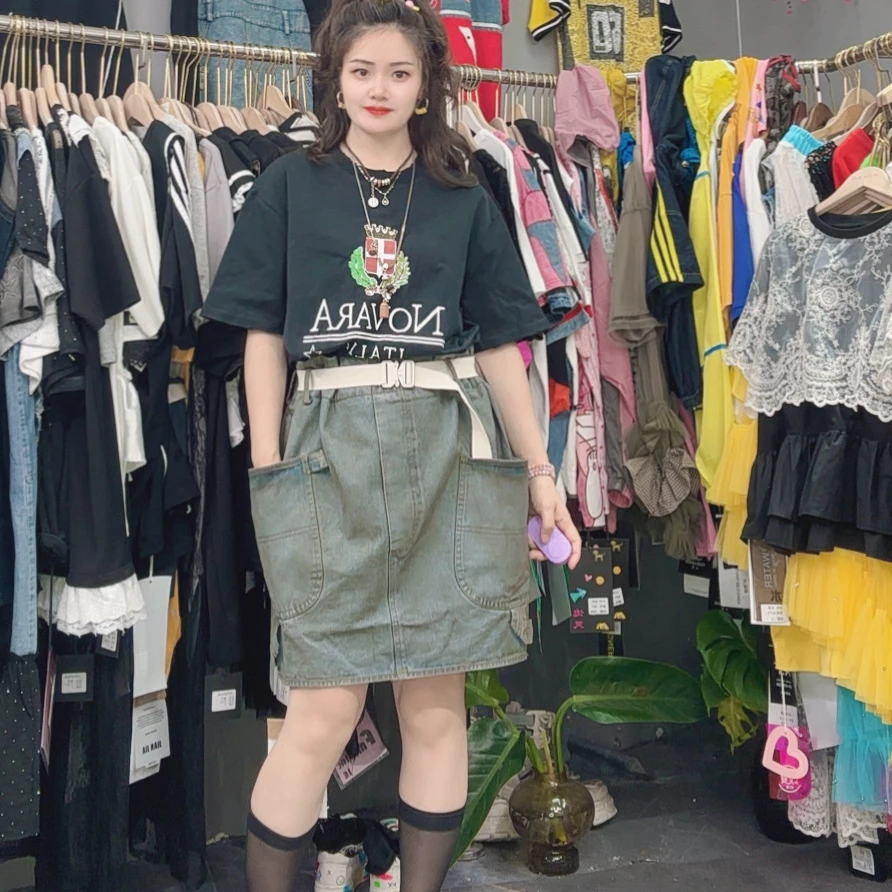 LY家25081#J.JA 字母印花牛仔拼接收腰宽松百搭连衣裙