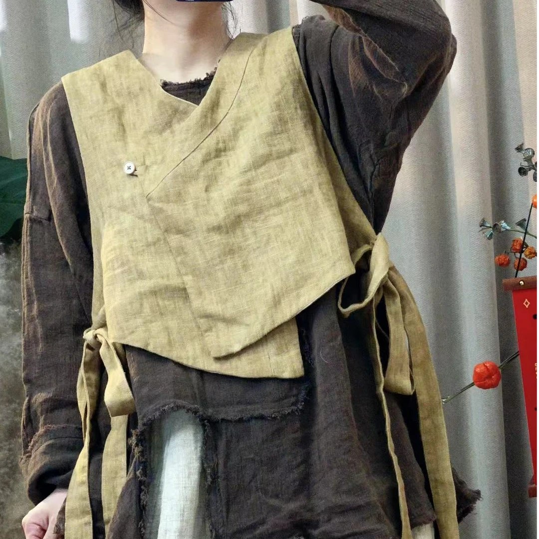 HX2510亚麻两侧飘带设计马甲（衣长55胸围120）