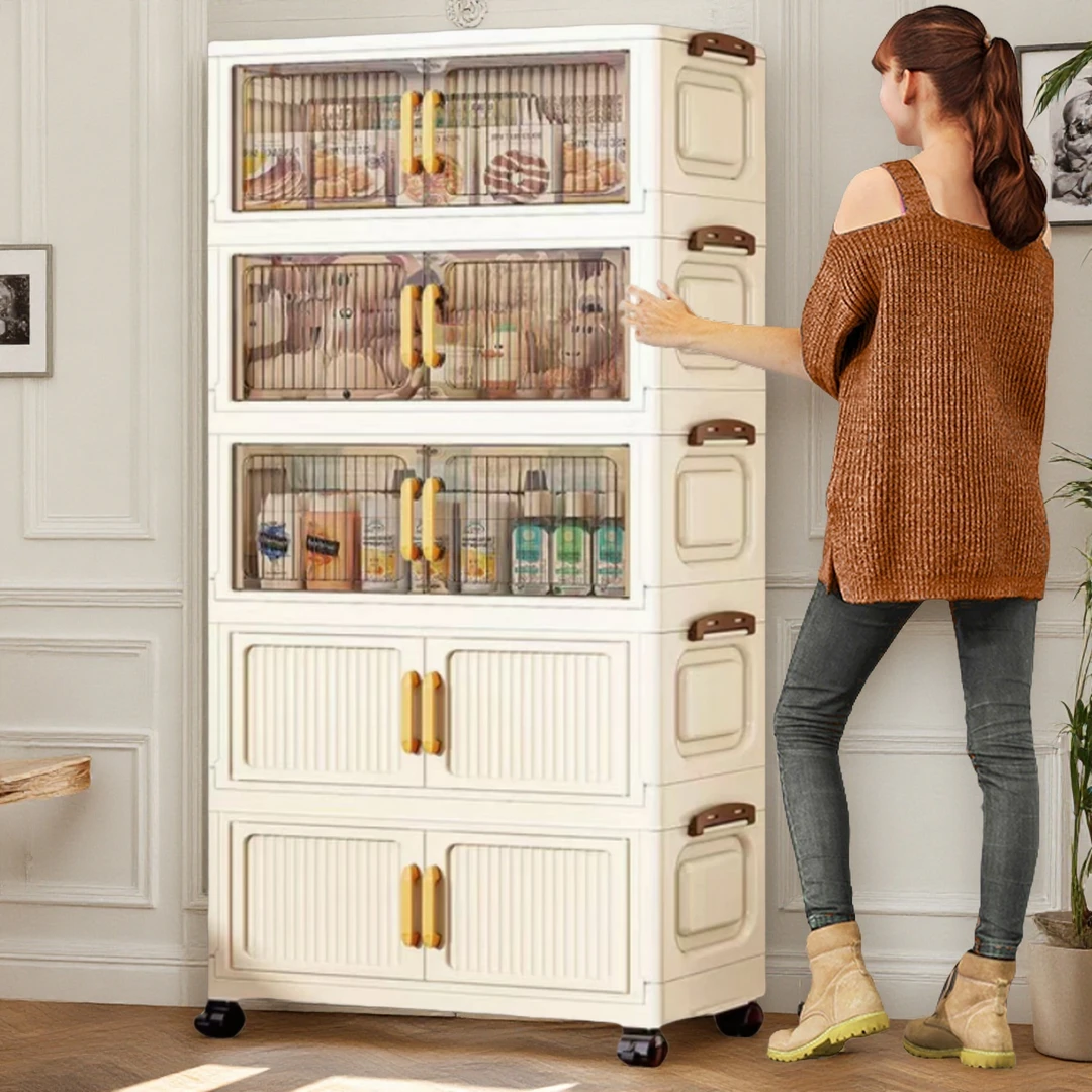 竖纹50面宽加大号免安装厨房置物架折叠收纳柜杂物储物箱儿童衣柜