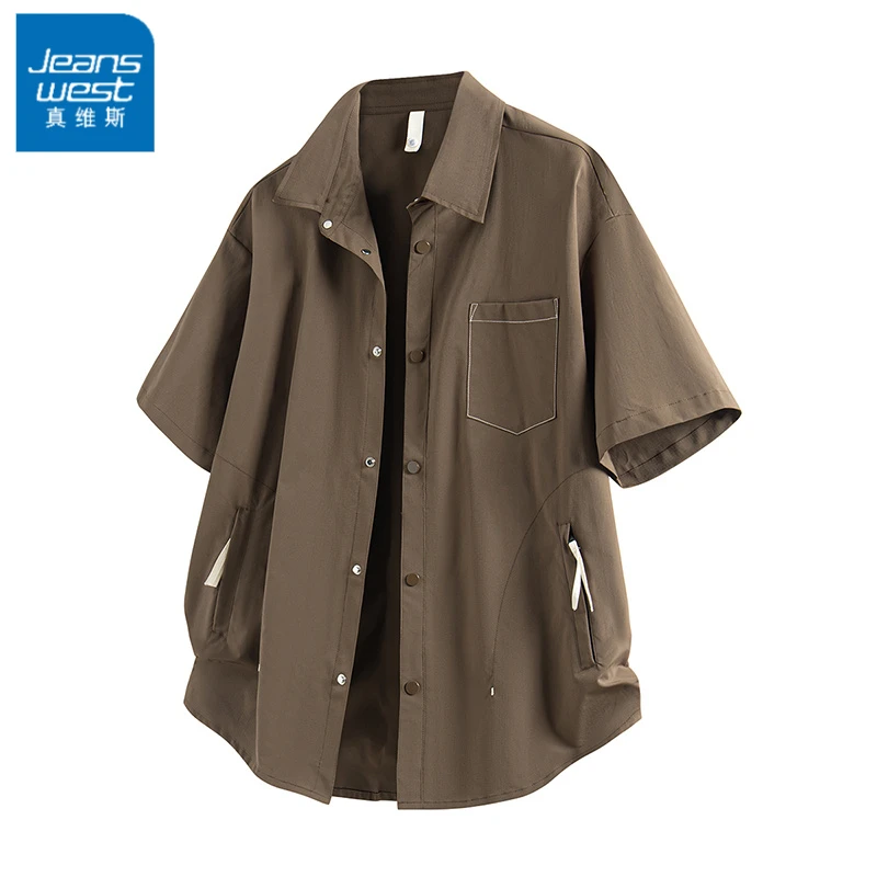 真维斯短袖衬衫男士夏季新款潮流宽松百搭翻领休闲半袖衬衫外套男