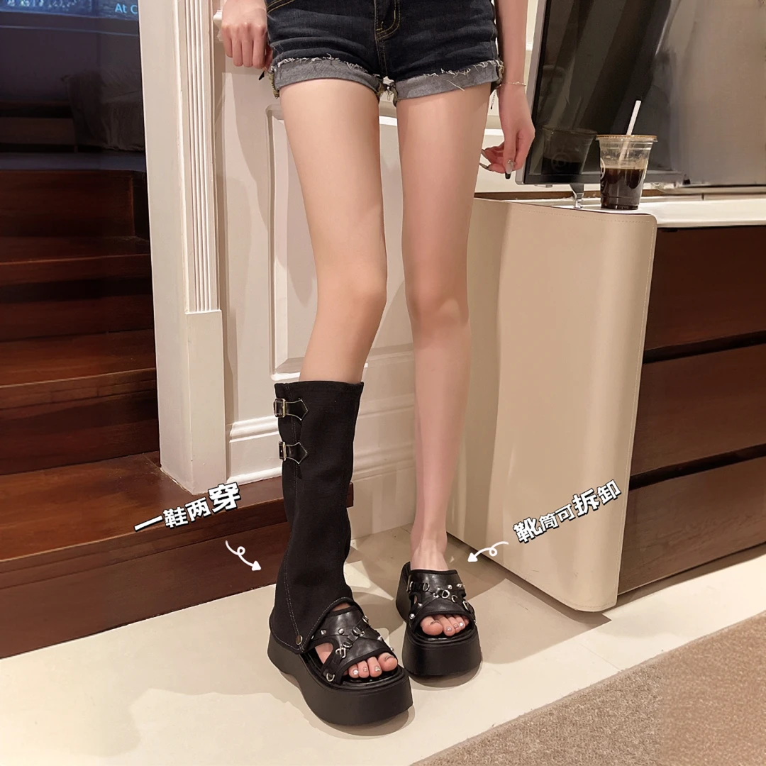 两穿露趾长筒靴女拖鞋2025夏新款厚底增高裤管堆堆镂空牛仔布凉靴