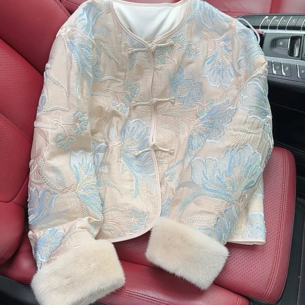 冬季中式国风贵气钉珠刺绣毛毛棉服加厚保暖外套冬624