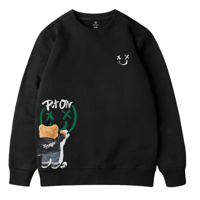 特大码300斤青少年卫衣春秋款男趣味小熊印花宽松休闲圆领套头衫