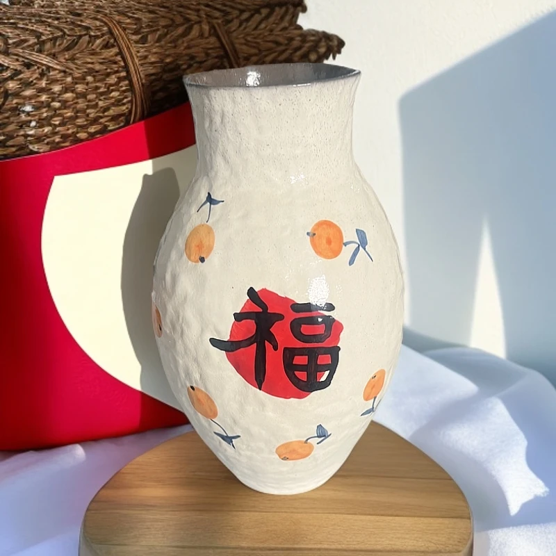 双面提字高温花器第一面福第二面春风，过年款式(高27.5口9.5)