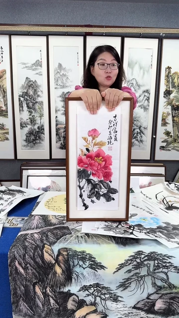 国画荷花 实木装裱 33*63