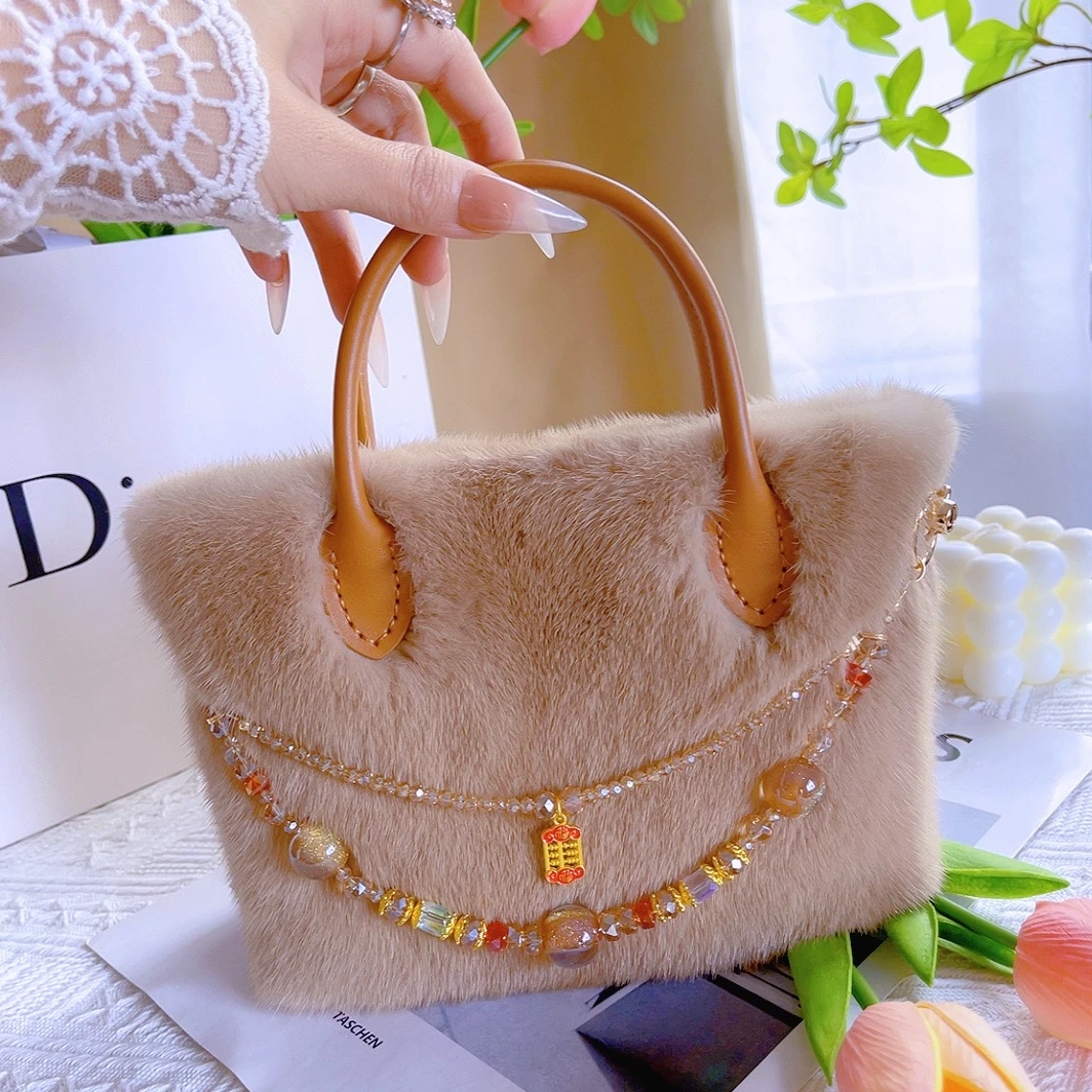 水貂毛菜篮子手提包托特整貂毛包毛绒绒手拎百搭斜跨秋冬包包