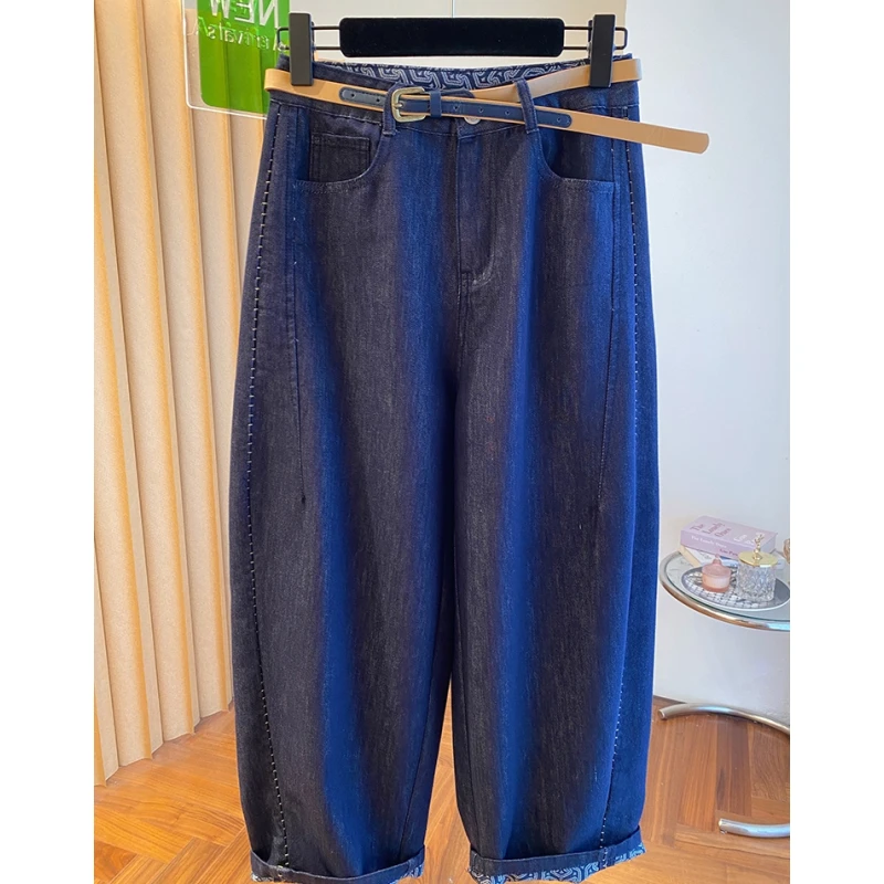 夏季薄款九分牛仔裤女2025新款高级感宽松休闲百搭配腰带哈伦裤子