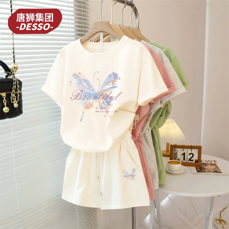 唐狮集团desso休闲运动套装女2025新款纯棉短袖短裤跑步夏一整套