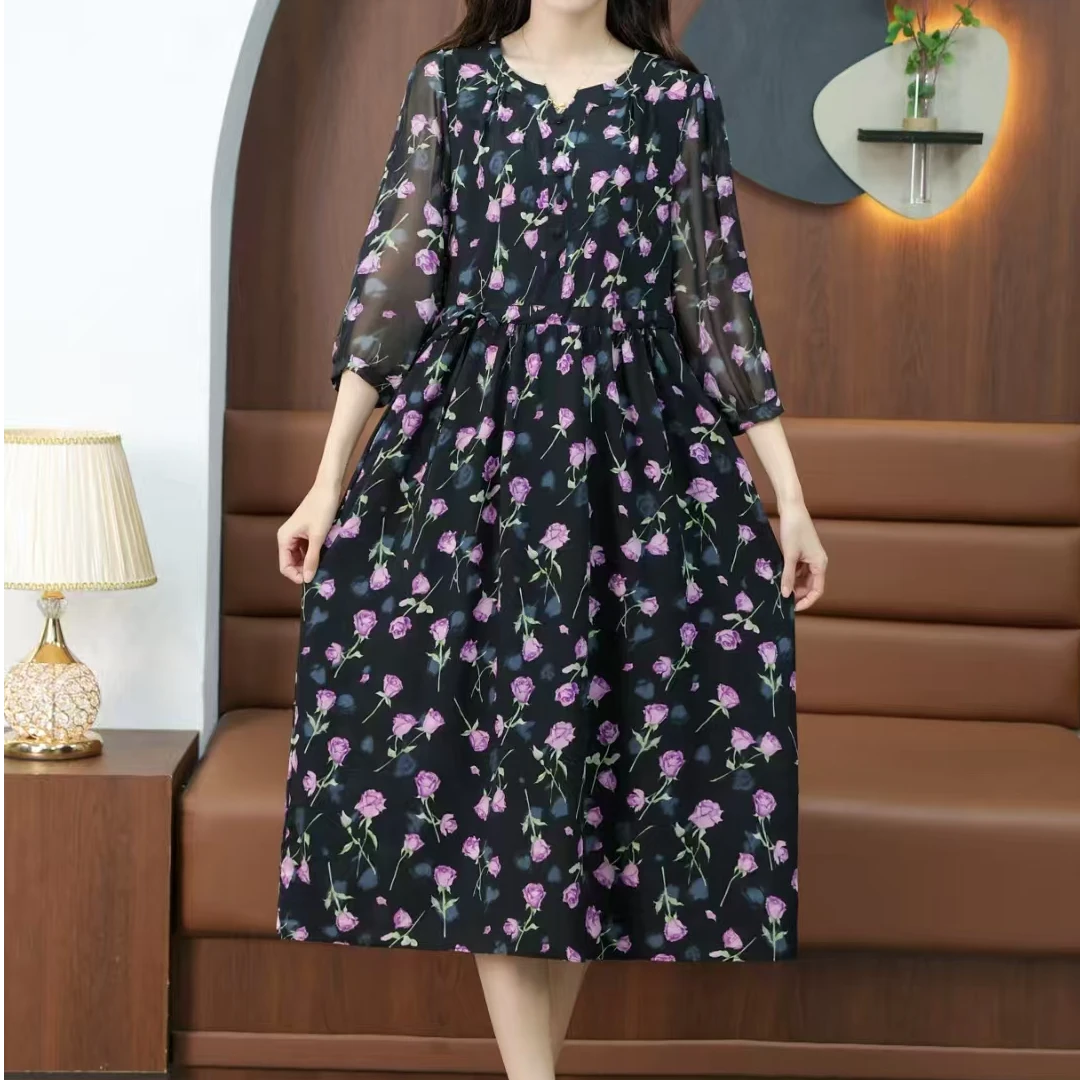 670新款时尚气质显瘦女宽松连衣裙中长款收腰遮肚碎花妈妈装裙子