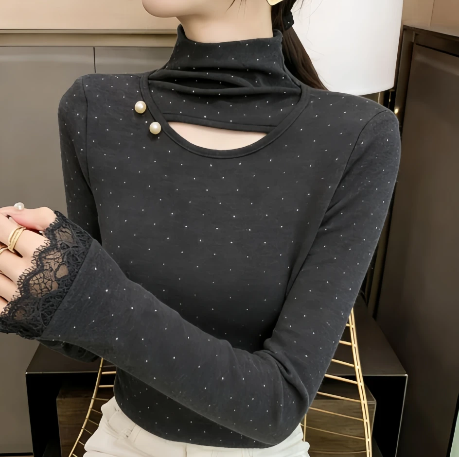 加绒半高领设计感修身显瘦百搭上衣亮闪闪镂空打底衫T恤女0072