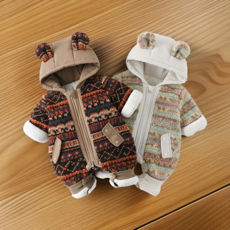 秋冬全新款婴幼儿加厚毛绒连帽保暖外穿棉服适合小宝宝的冬季连体