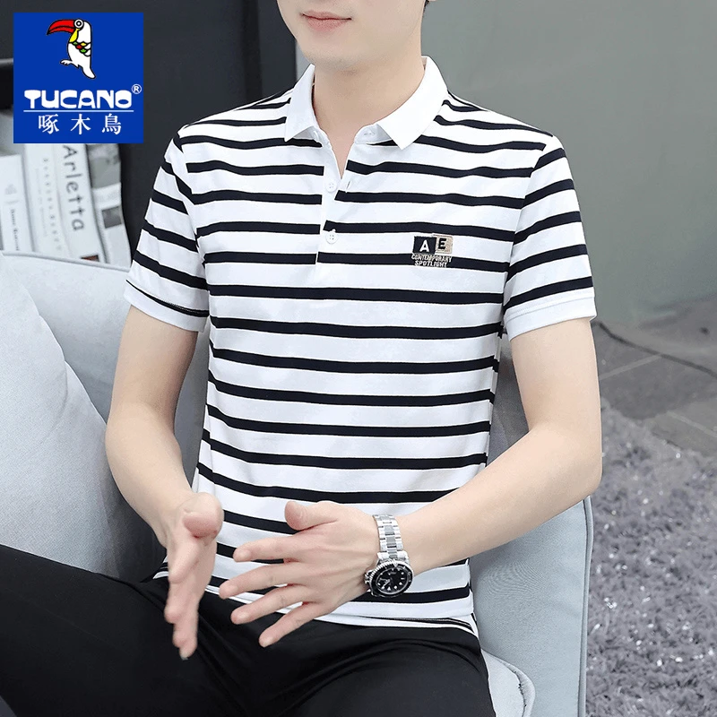 啄木鸟品牌夏季男翻领条纹短袖T恤polo衫高级感修身休闲半袖体恤