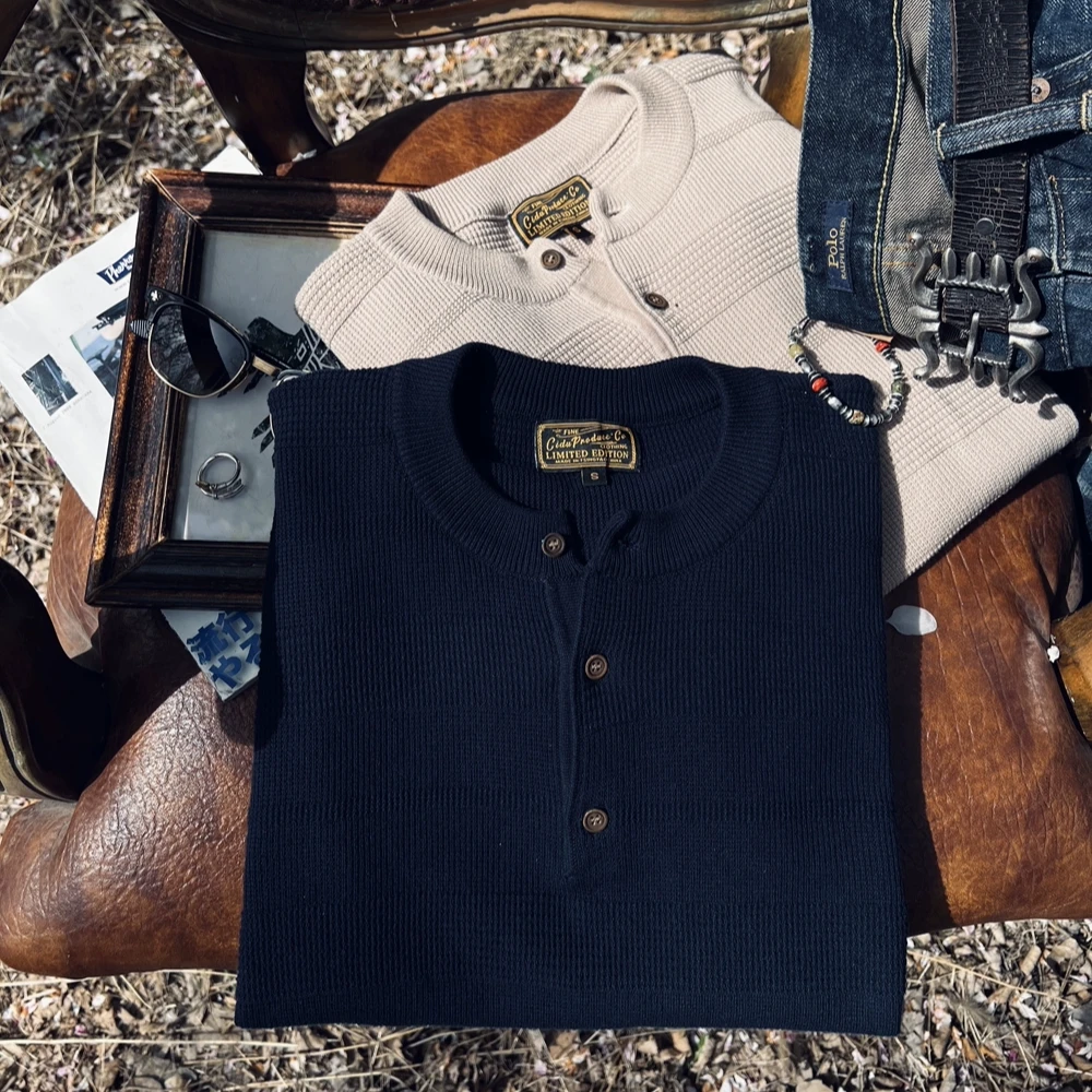 硬气十足——美式复古重磅纯棉重工针织亨利领短袖T恤