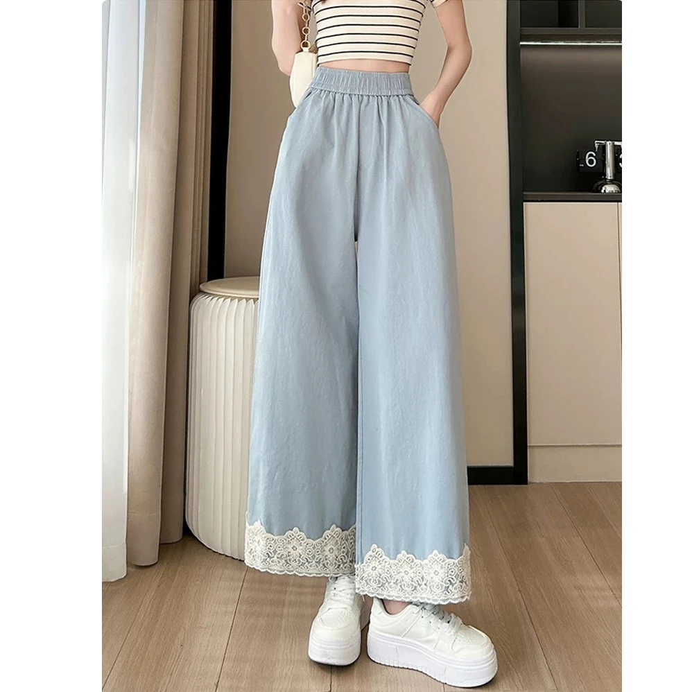 145复古蕾丝边阔腿裤女夏季150小个子高腰显瘦宽松垂感九分直筒裤