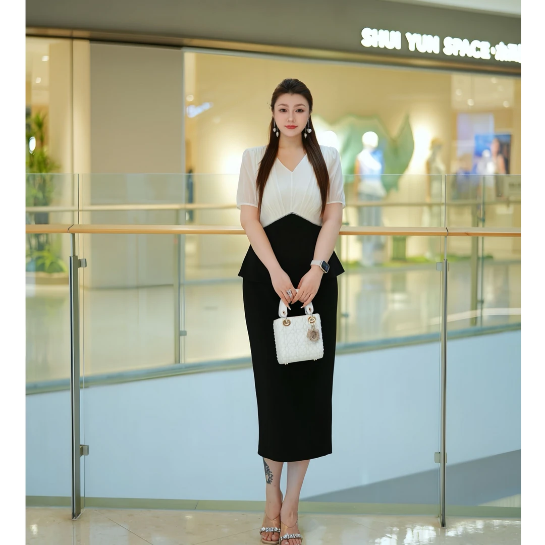 XYD71627/XYD71348法式V领拼接上衣气质约会直筒半裙大码女装套装