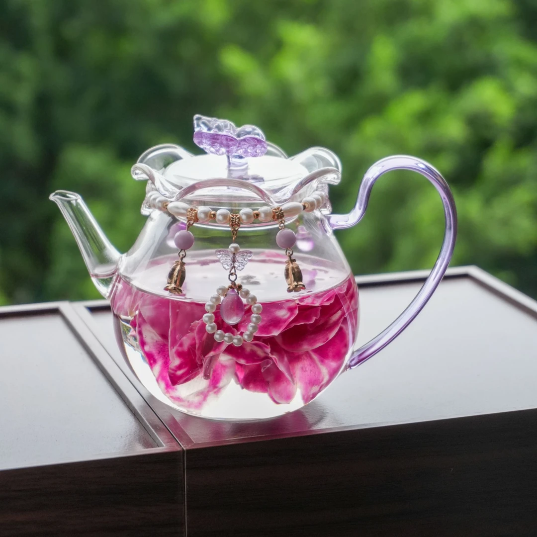 瓷造 蝴蝶花口壶500ml高硼硅材质耐高温加厚玻璃茶具泡茶煮茶壶紫