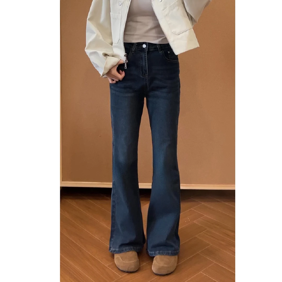 秋季新款高腰直筒微喇牛仔裤女大码遮胯显瘦百搭复古修身喇叭裤子