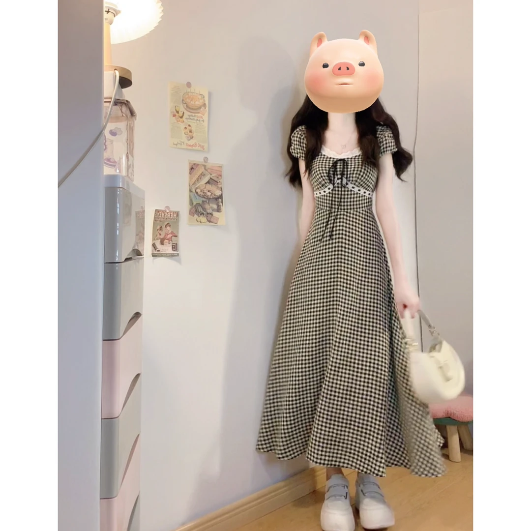 大码【半糖主义】胖mm格子高腰显瘦短袖连衣裙拼接花边气质长裙