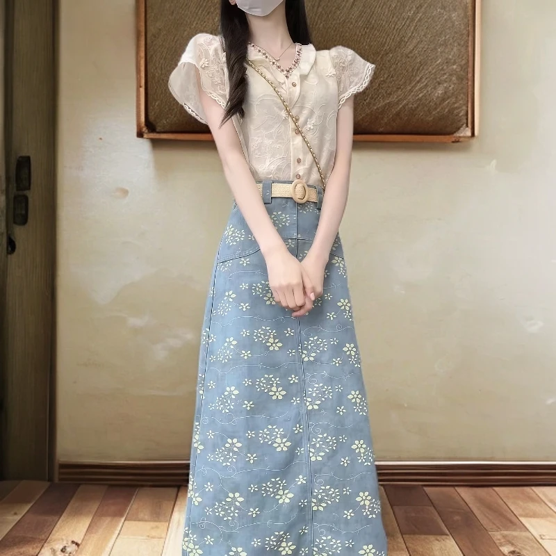 夏季新款新中式国风高级感气质减龄蕾丝上衣刺绣碎花半身裙两件套