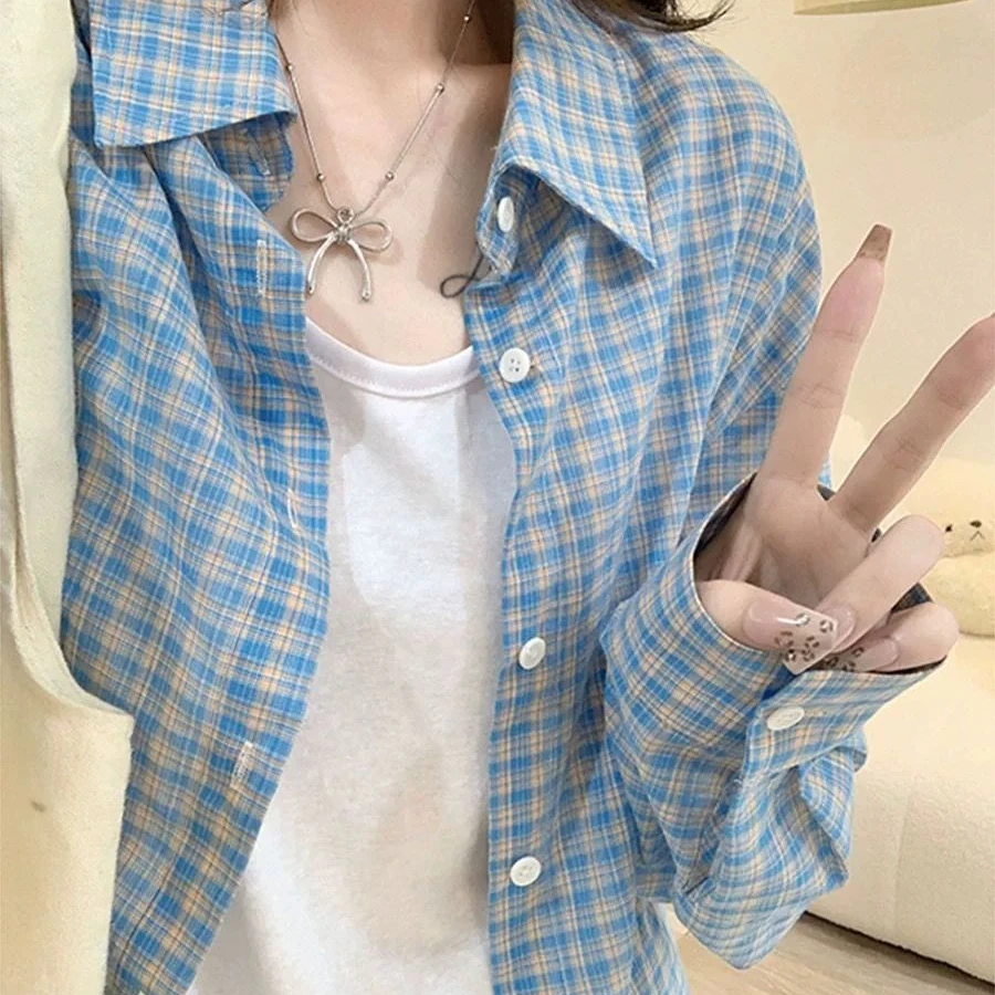 蓝色格子防晒衬衫女夏季2025年韩系宽松休闲衬衣复古长袖上衣外套
