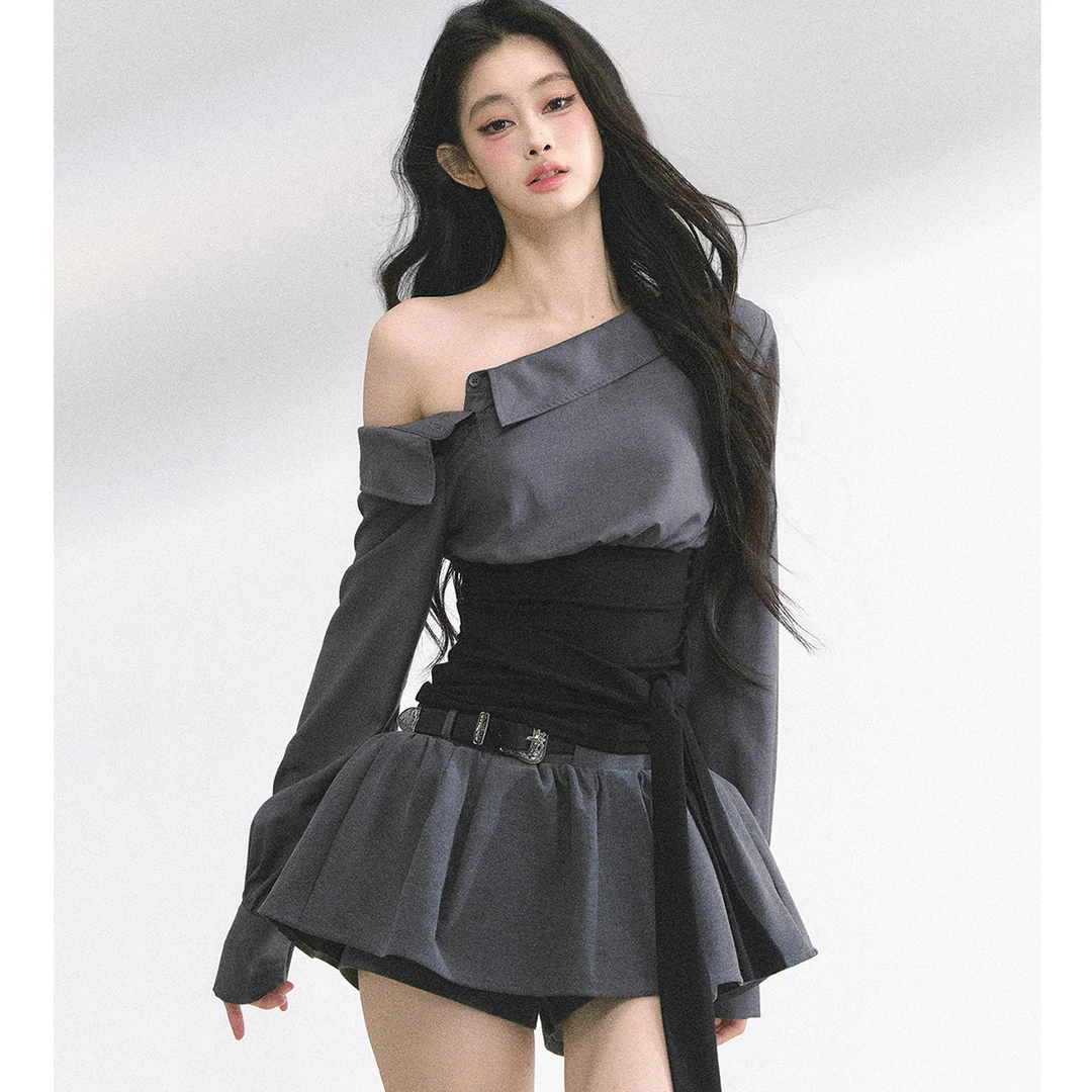 法式斜肩辣妹T恤收腰显瘦设计感通勤衬衫上衣+灰色半裙套装女秋季