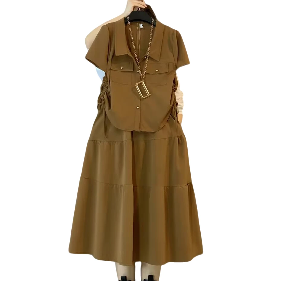 大维罗依XZE新款抽绳简约百搭翻领衬衫半身裙套装