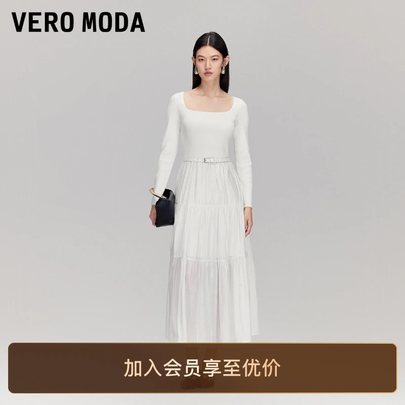 Vero Moda连衣裙女2025秋季新款收腰拼接捏褶A字中长裙松弛感百搭