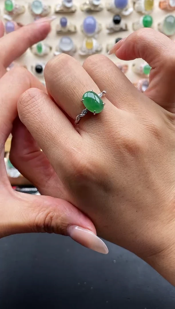 银S925镶嵌戒指翡翠缅甸天然A货翡翠11 4-7