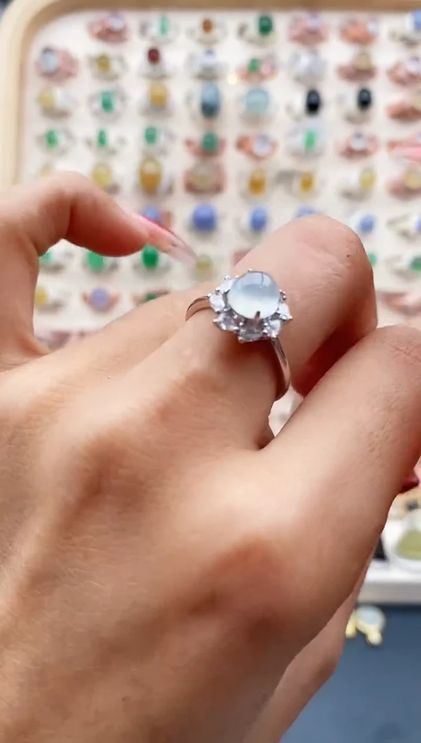 【闪购商品】翡翠戒指银S925镶嵌缅甸天然A货翡翠222  2+1