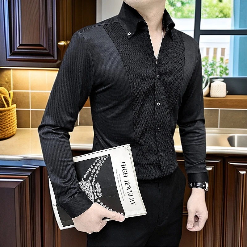 2025V领雅痞西装衬衫男款长袖拼接格纹黑色衬衣男士内搭商务男装