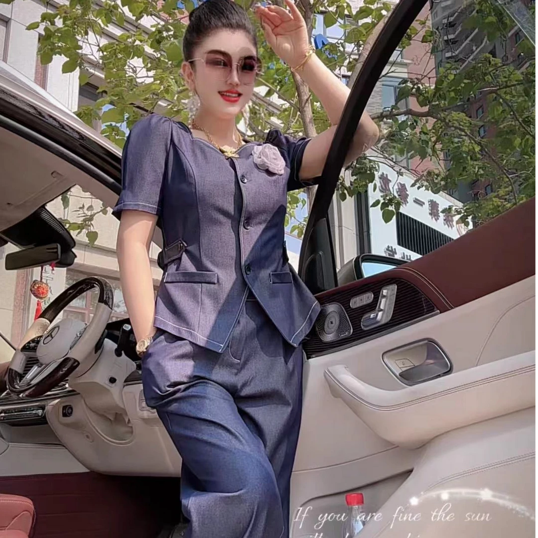 12761高端时尚气质夏季修身外套+裤子两件套