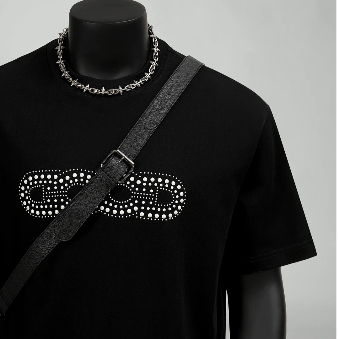 美式短袖男夏季2025新款 珍珠亮片GD潮牌宽松网红重磅纯棉上衣t恤