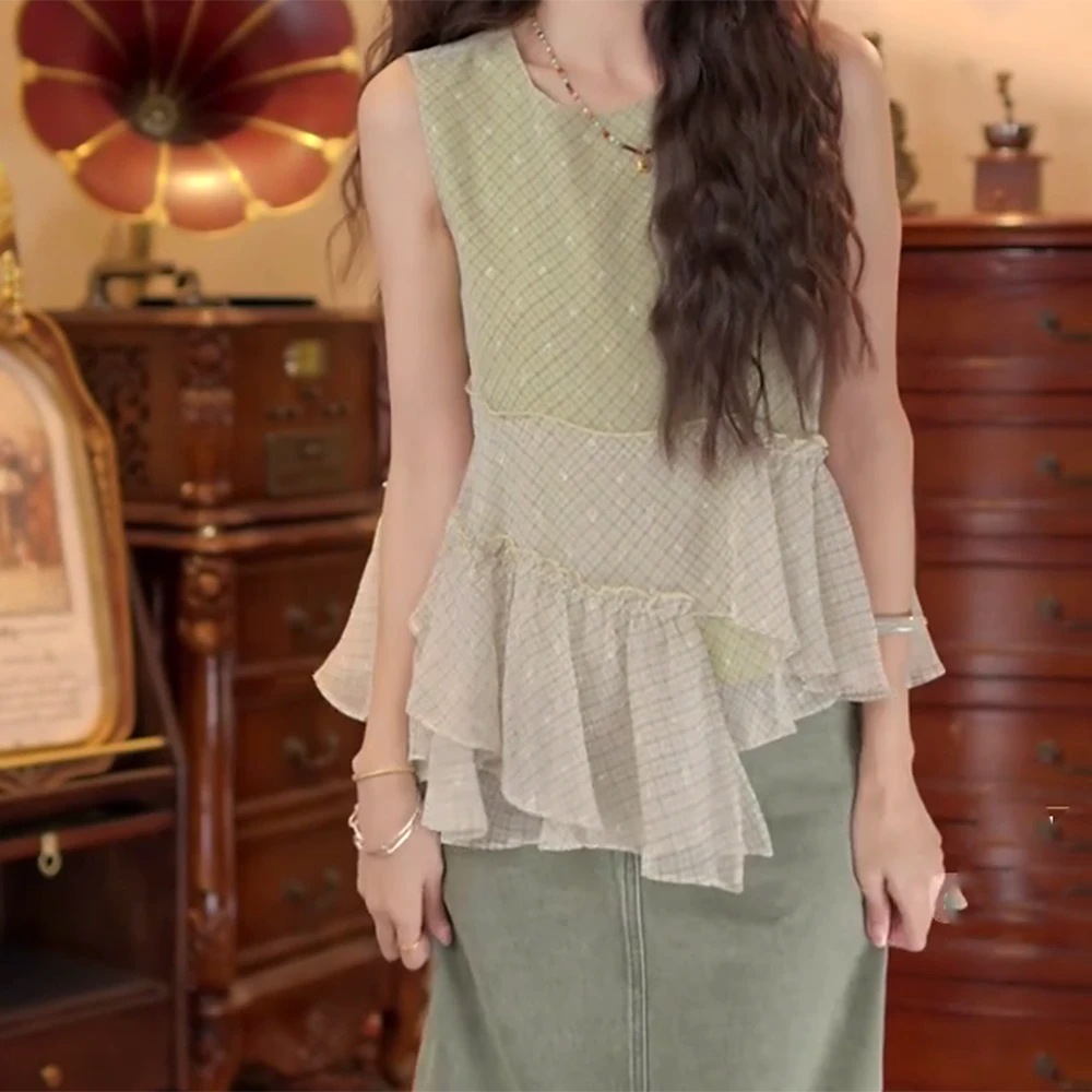 【池畔竹影】港风复古不规则拼接夏季百搭夏季衬衫C5757