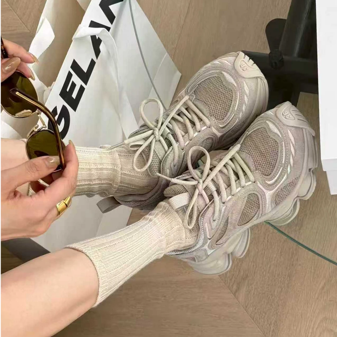 诗歌兰女鞋2025秋季新品厚底系带潮流ins网面休闲老爹鞋运动鞋潮